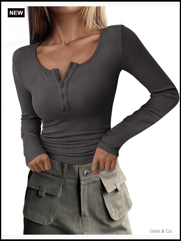 Women's Long Sleeve Henley T-Shirt Ribbed Slim Fit Basic Top
